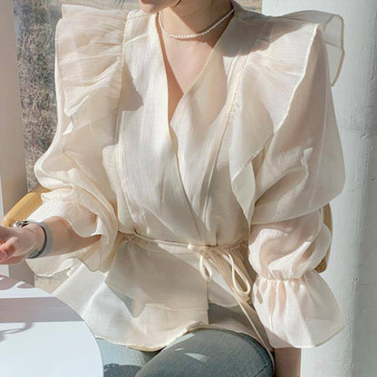 Dames Blouse Rood met Strikceintuur en Overslag