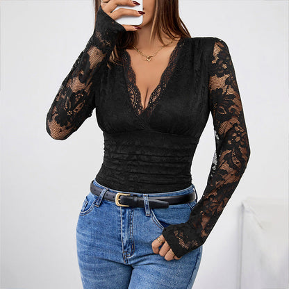 Dames Top met Kanten V-Hals Zwarte Stijlvolle Kleding