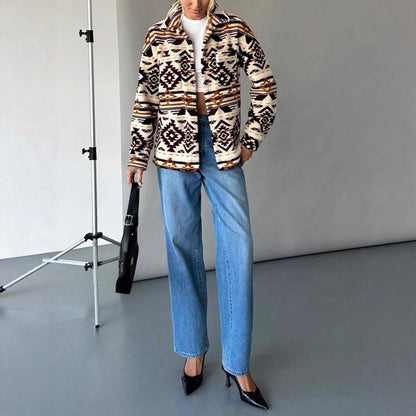 Dames Fleece Jas Warm Etnisch Print Trendy