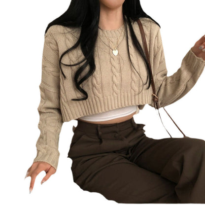 Dames Trui Kabelpatroon Cropped Ronde Hals Trendy
