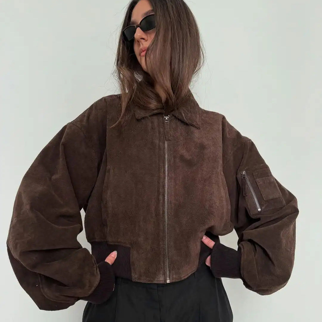 Dames Suède Jas Kort met Kraag Trendy Model - StudioMarella