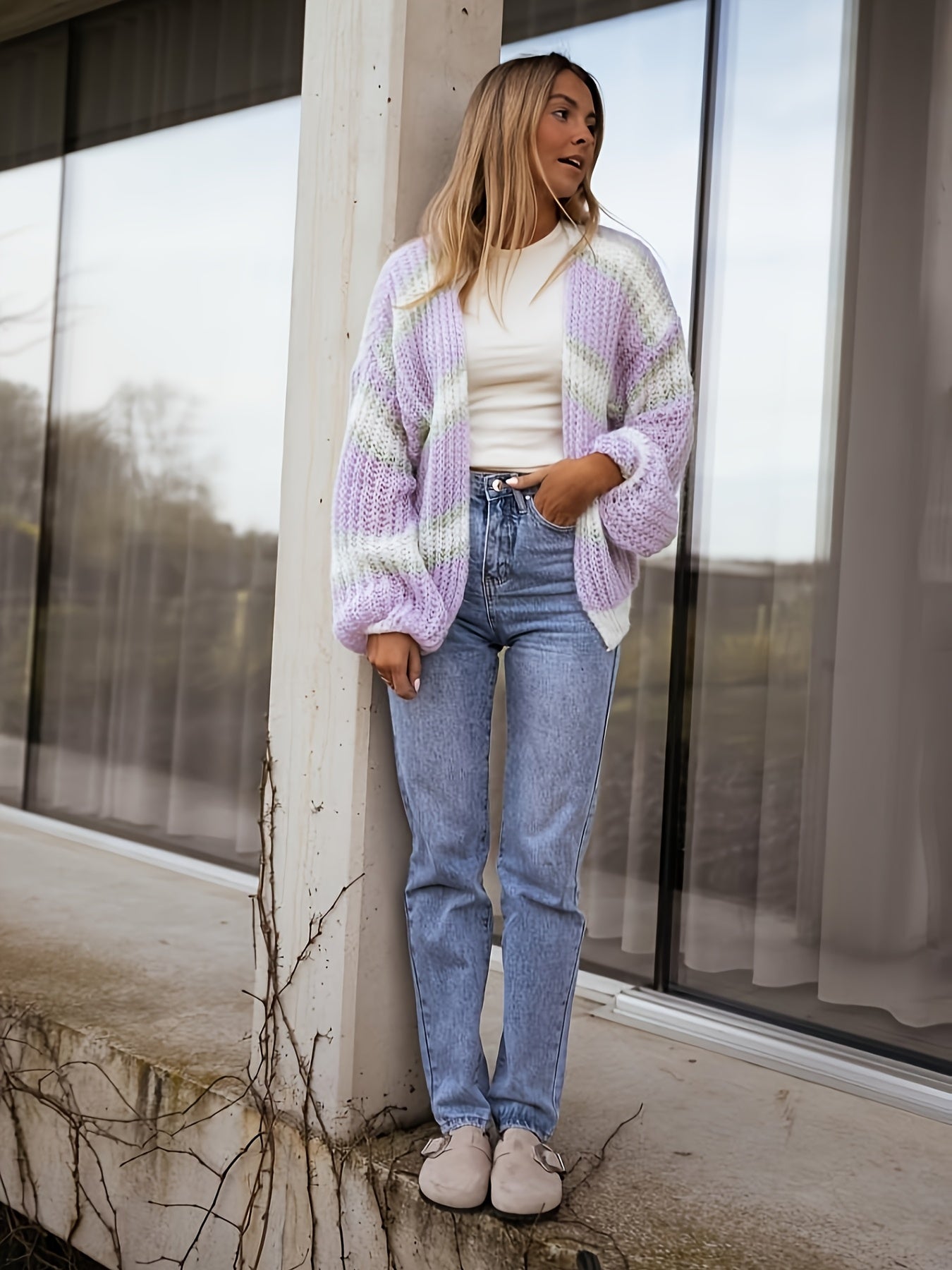Dames Cardigan Gebreid Gestreept Met Lanternmouwen