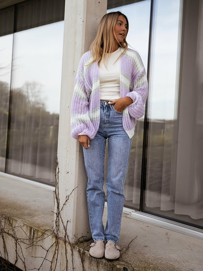 Dames Cardigan Gebreid Gestreept Met Lanternmouwen