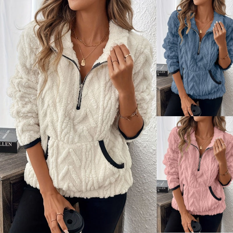 Dames Teddy Trui Zacht Warme Half-Zip Sweater