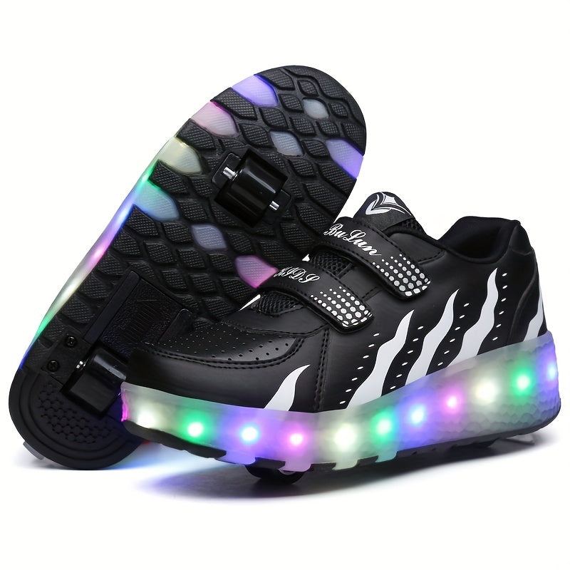 Roller sneakers kinderen LED kunstleer roze met wieltjes afneembaar schoenen skates lichtgevende kinderschoenen