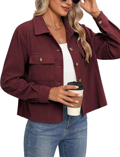 Dames Corduroy Jas Kort Bruin Trendy Model