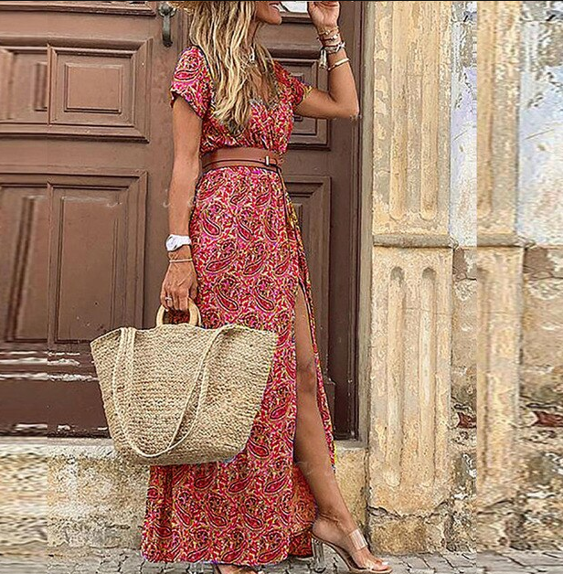 Vrouwen Maxi Jurk Zomer Boho Stijl V-hals Korte Mouwen