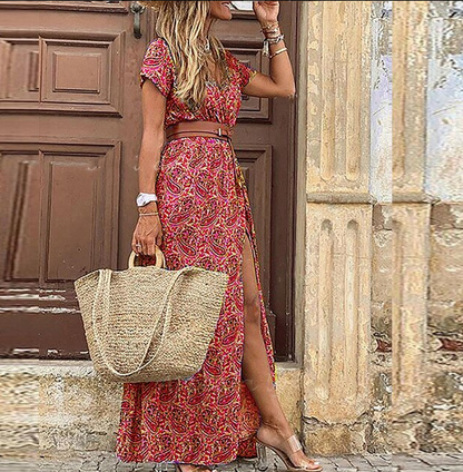 Vrouwen Maxi Jurk Zomer Boho Stijl V-hals Korte Mouwen