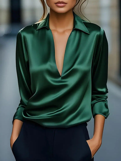 Dames Blouse Satijn Look V-hals Havanna Stijlvol