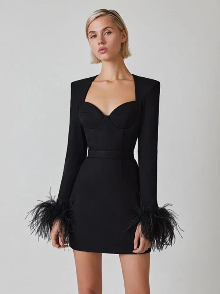 Korte Jurk voor Vrouwen met Veer Details Elegante Minirok