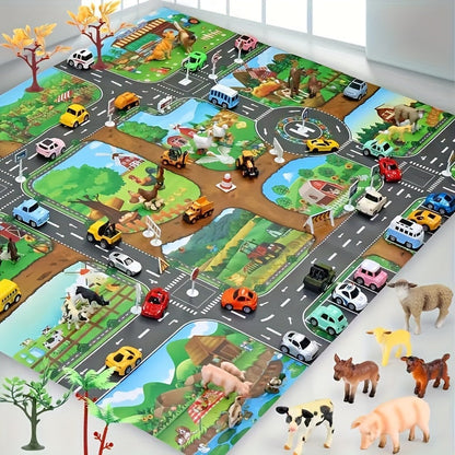 Speelkleed Kinderen 100x130cm Boerderij Wegen Antislip Speelmat Speelgoedauto's Dieren Verkeerskleed Kinderkamer Vloerkleed