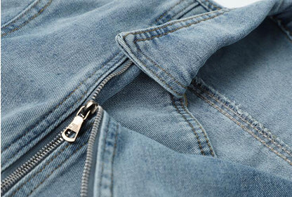 Dames Biker Jacket Kort Denim Model Met Grote Kraag → Korte Dames Biker Jas Denim Met Grote Kraag