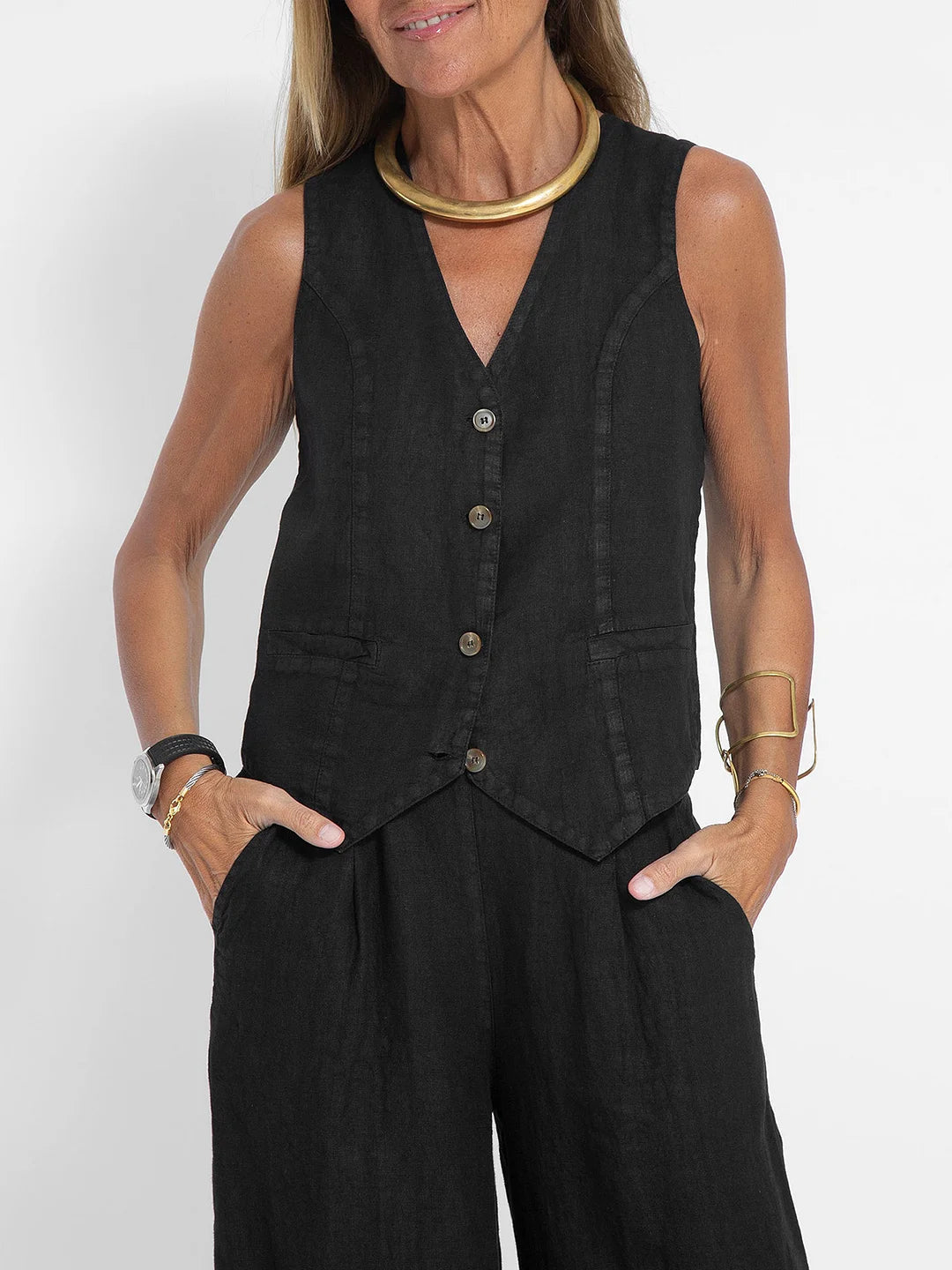Linnen Set Dame Mouwloos V-Hals Gilet en Wijde Broek