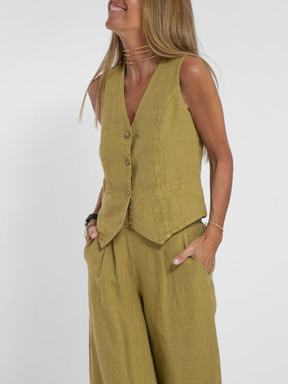 Linnen Set Dame Mouwloos V-Hals Gilet en Wijde Broek