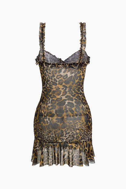Leopard Jurk Met Ruches voor Vrouw Dierenprint Minirok