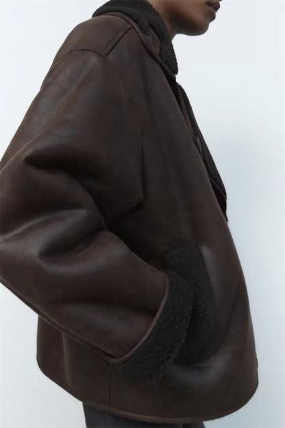Dames Leren Pilotenjas Oversized Teddy Voering Met Zakken