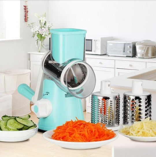 Roterende Keukenrasp met 3 Messen – Handmatige Multifunctionele Groentesnijder en Kaasrasp voor Salade, Gebak en Pasta
