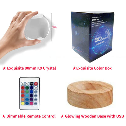 3D Kristal Axolotl Sfeer Lamp met Houten Basis - 16 Kleuren Lichtmodus - Ø8cm Kristallen Bol met LED Verlichting