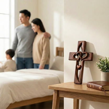 Houten Wandkruis met Gevlochten Harten — Decoratieve Wandversiering voor Geloofsmomenten