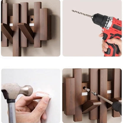 Wandkapstok met Magnetische Opvouwhaken - Scandinavisch Design - 4 tot 10 Haken - Modern Essenhout of Walnoot - Ruimtebesparend Hallway Organizer - Sleutellochophanging