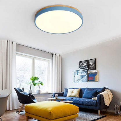 Ronde Plafondlamp met LED en Natuurlijk Hout — Scandinavisch Design met Dimfunctie
