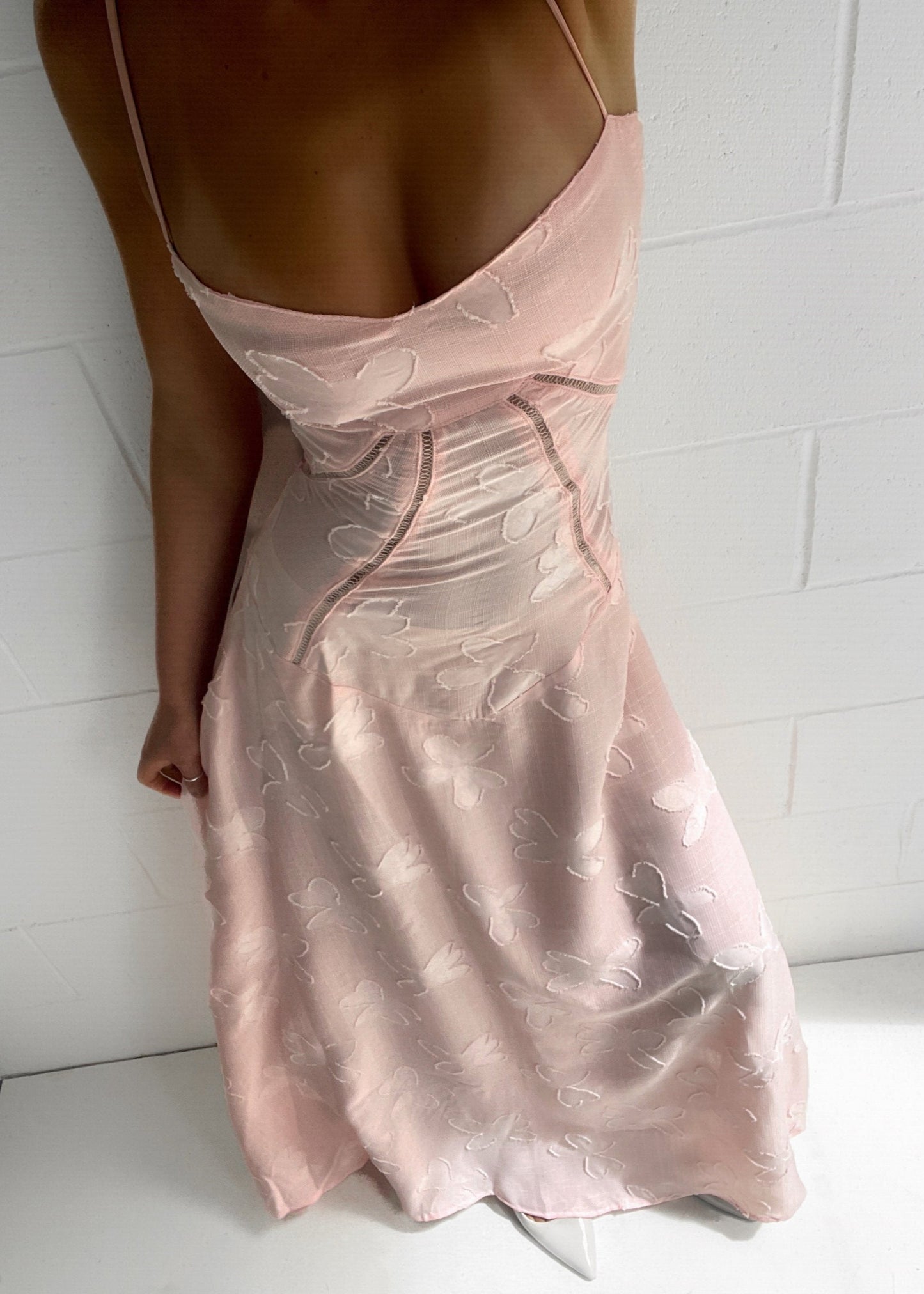 Roze Maxi Jurk met Corset Sluiting en Jacquard Patronen