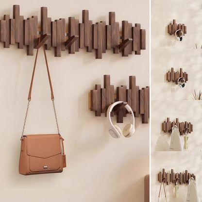 Wandkapstok met Magnetische Opvouwhaken - Scandinavisch Design - 4 tot 10 Haken - Modern Essenhout of Walnoot - Ruimtebesparend Hallway Organizer - Sleutellochophanging