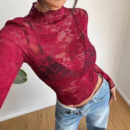Dames Top Lange Mouwen Kanten Detail Slank
