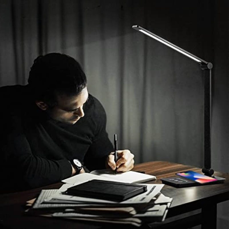 Bureaulamp met Draadloos Oplaadstation en Touch-bediening – Dimbaar LED-licht met 5 Kleurmodi en Opvouwbaar Ontwerp