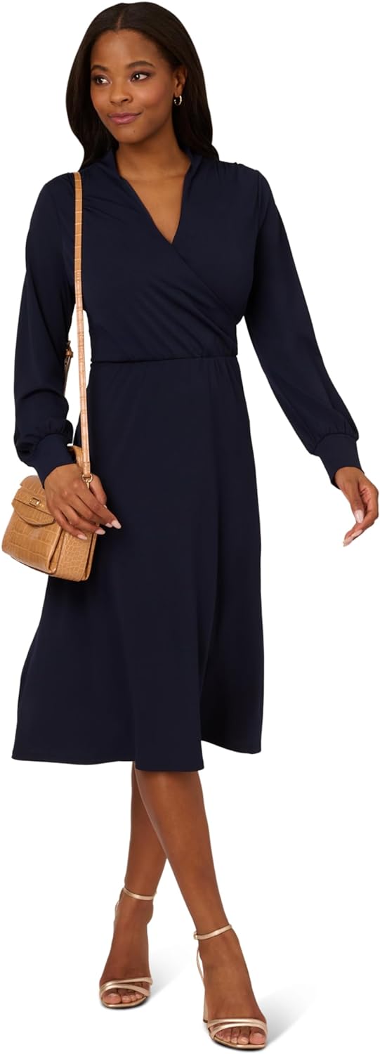 Midi Jurk Lange Mouw voor Vrouwen Elegante Wrap Design