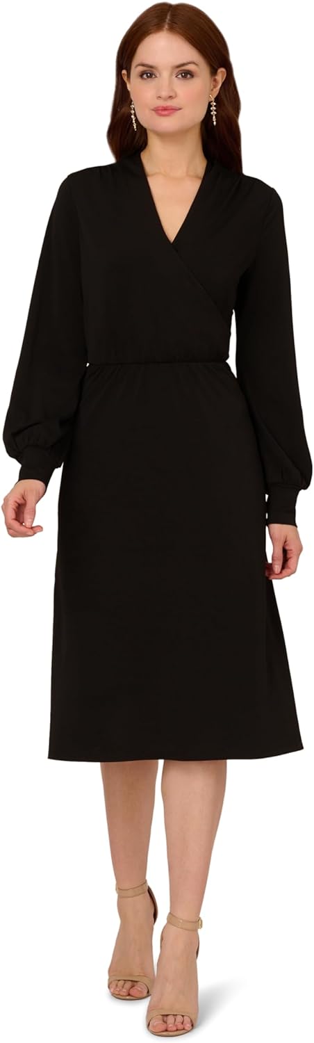 Midi Jurk Lange Mouw voor Vrouwen Elegante Wrap Design
