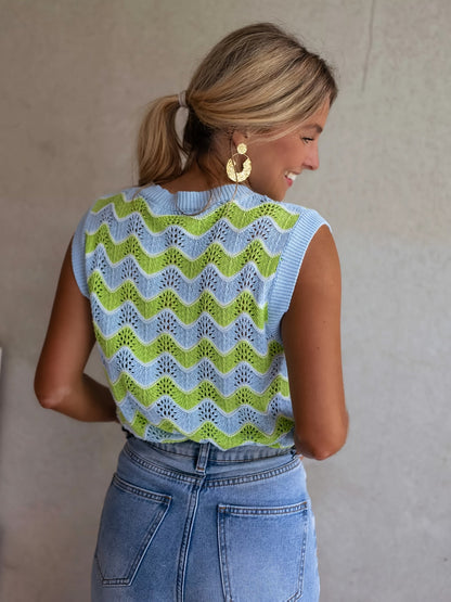 Dames Mouwloos Kabelgebreid Vest Met Contrasterende Halslijn