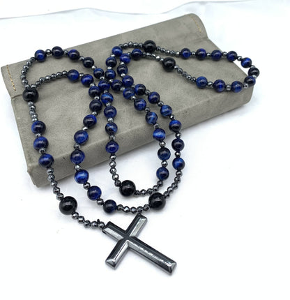 Natuursteen Rozenkrans Ketting met Kruis Hanger voor Mannen Zwart Blauw Groen Grijs