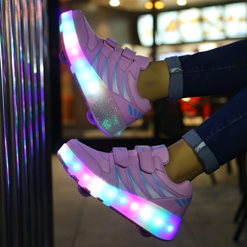 Roller sneakers kinderen LED kunstleer roze met wieltjes afneembaar schoenen skates lichtgevende kinderschoenen