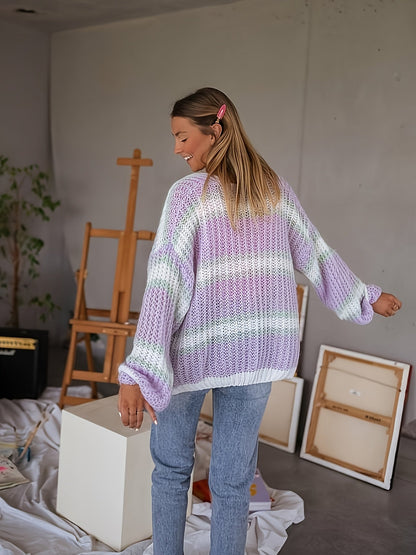 Dames Cardigan Gebreid Gestreept Met Lanternmouwen
