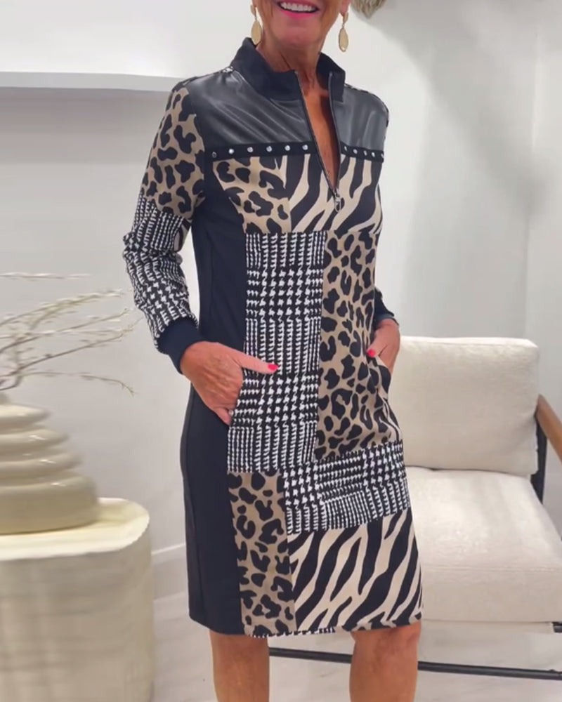 Dames Midi Jurk Lange Mouwen Patchwork Print Stijlvol Party