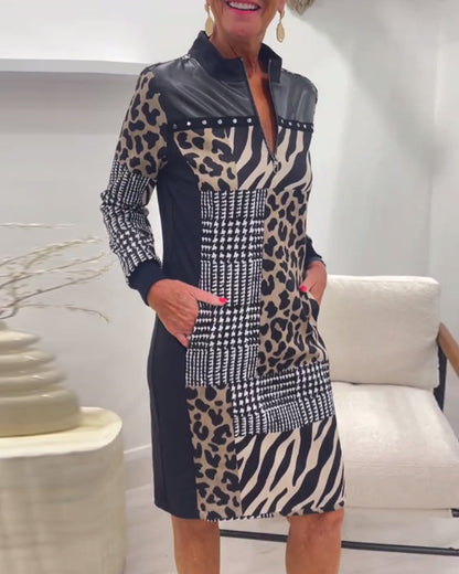 Dames Midi Jurk Lange Mouwen Patchwork Print Stijlvol Party