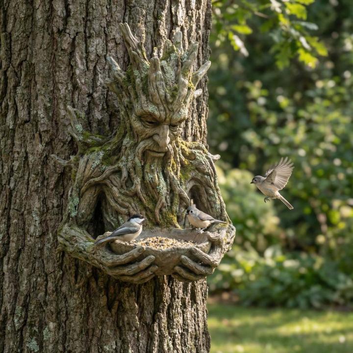 Vogelfutterschaal Boomgezicht Muurmontage Weerbestendig Kunsthars Voederstation Tuin Decoratie Vogelvoeding Waterkom Natuureffect