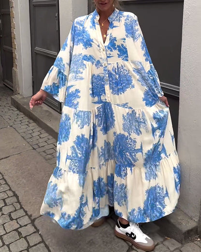 Lange Jurk met Bloemenprint en Volantmouwen