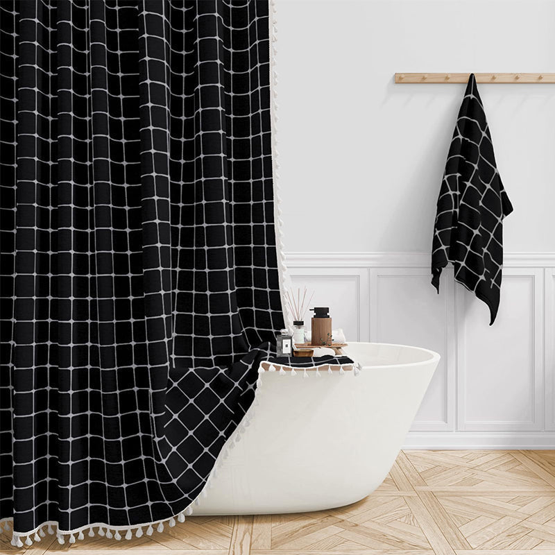 Douchegordijn Linnen Bohemian Waterproof Kwastjes 180x200cm Badkamer Beige Geruit
