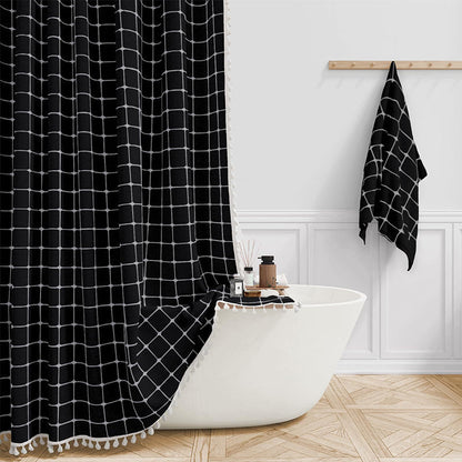 Douchegordijn Linnen Bohemian Waterproof Kwastjes 180x200cm Badkamer Beige Geruit
