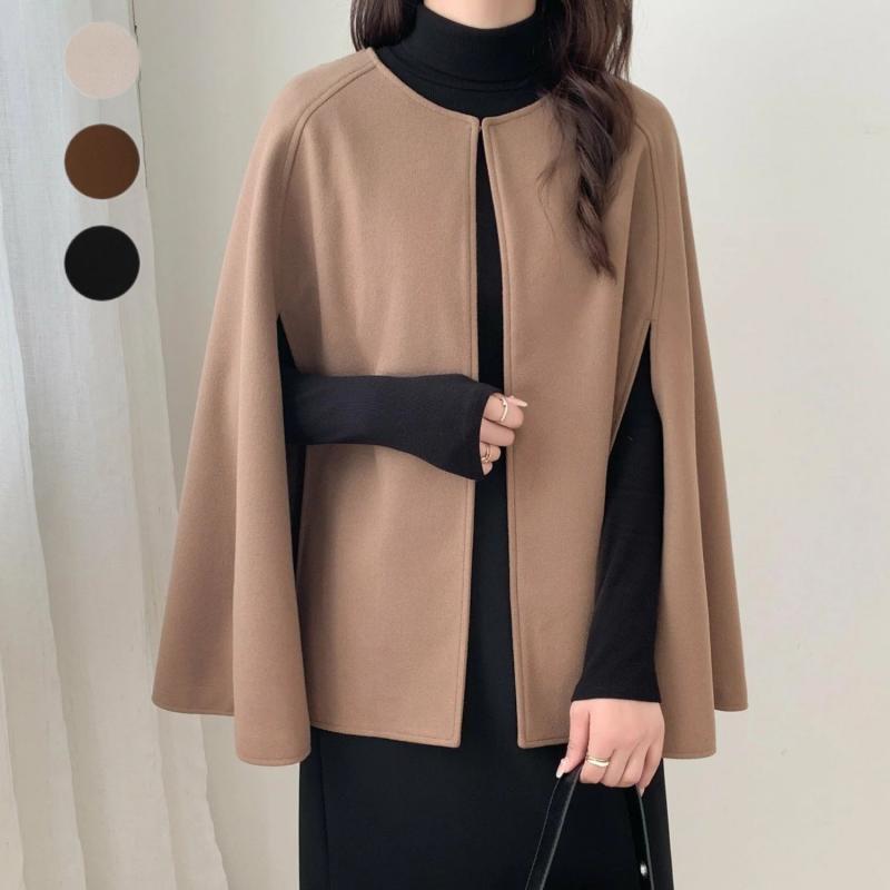 Dames Cape Jas Zwart Wol Wollen Elegante Stijl