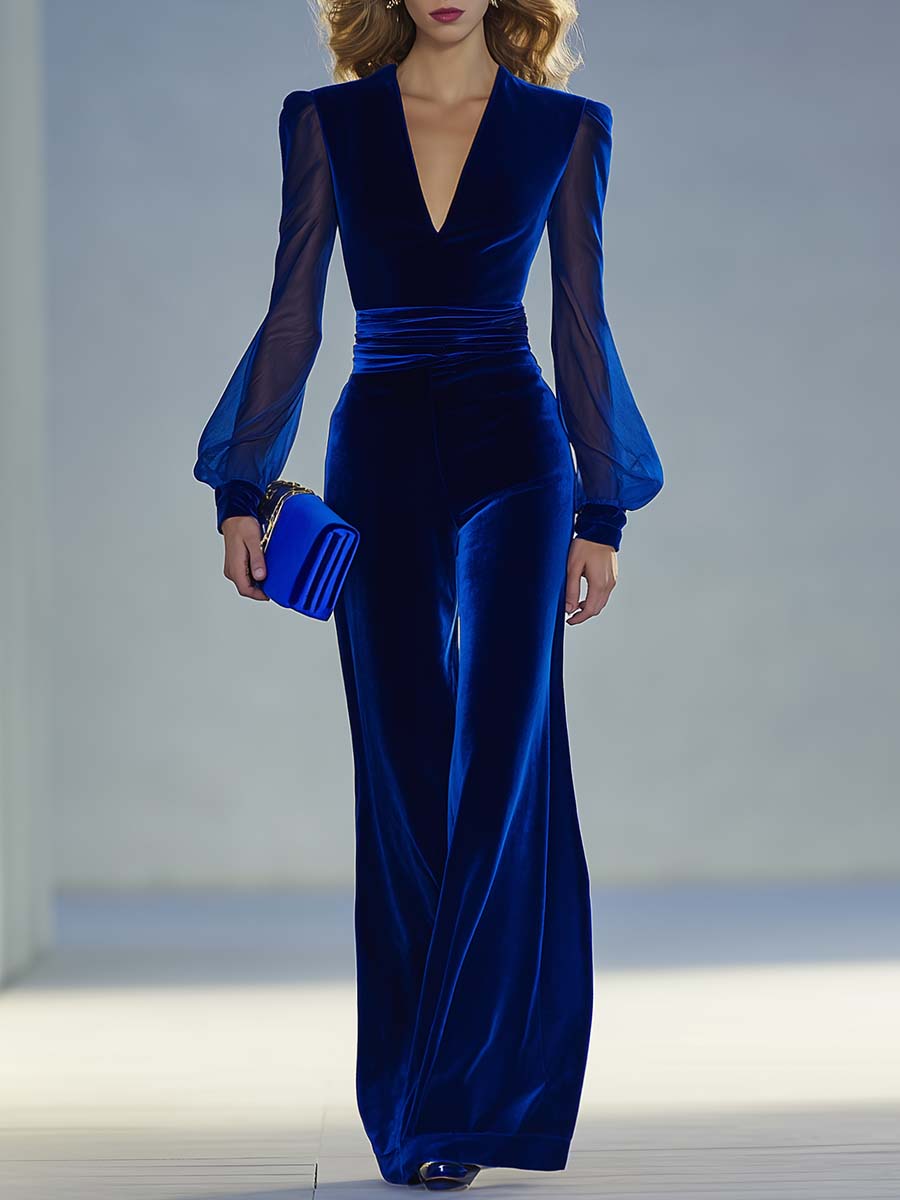 Elegante Fluwelen Jurk met V-hals en Lange Mouwen - StudioMarella