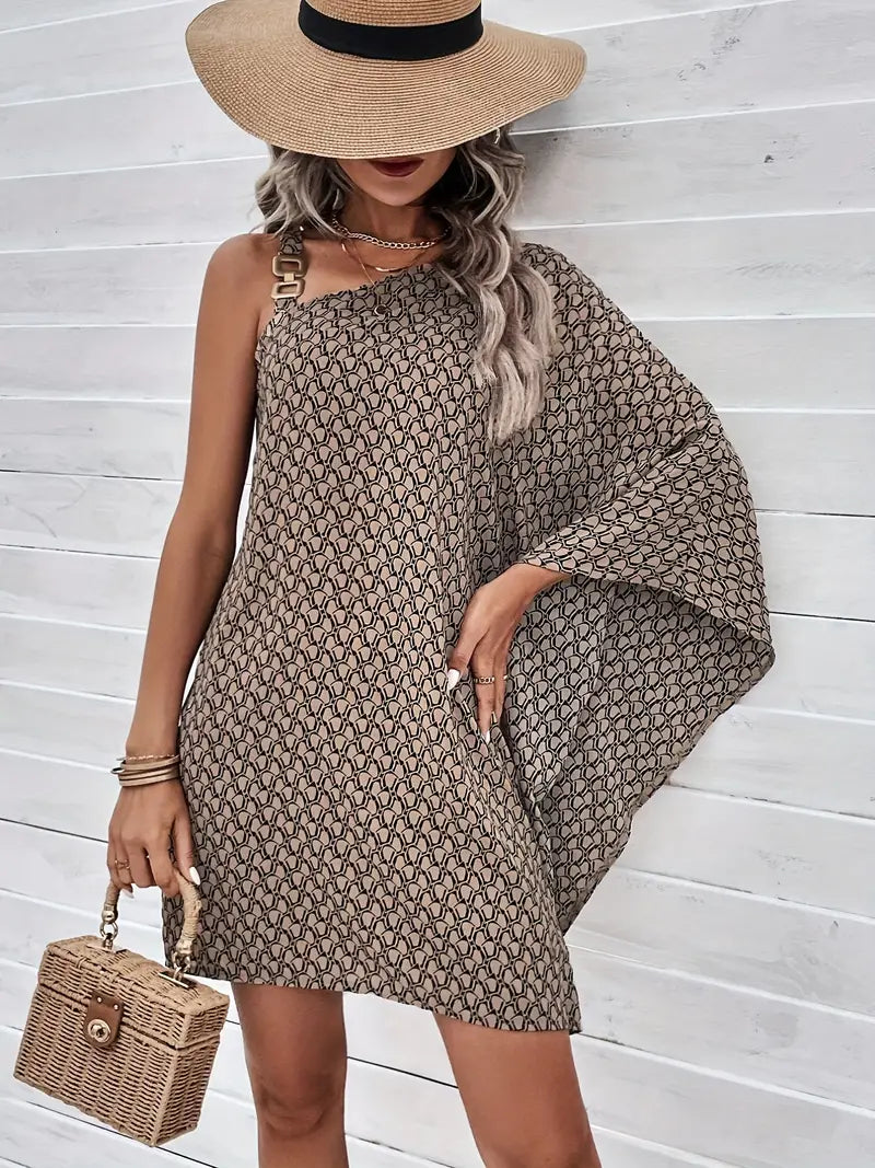 Vrouwelijke Jurk met Asymmetrische Halslijn en Leuke Print