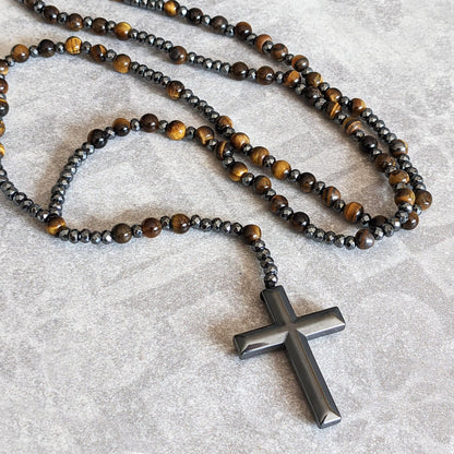 Natuursteen Rozenkrans Ketting met Kruis Hanger voor Mannen Zwart Blauw Groen Grijs