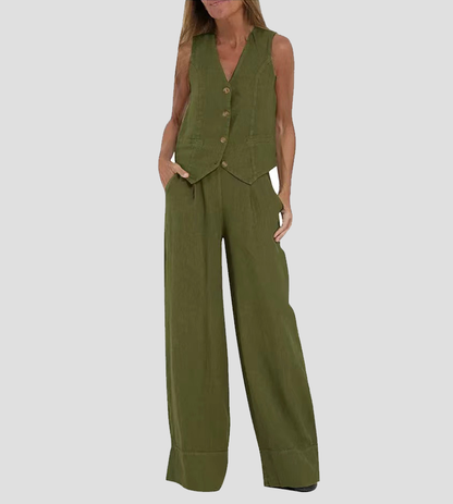 Linnen Set Dame Mouwloos V-Hals Gilet en Wijde Broek