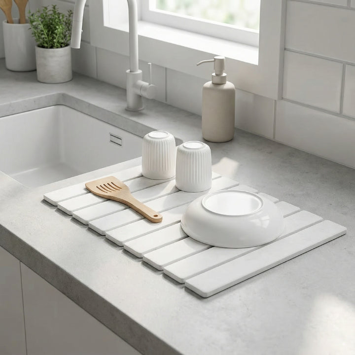 Droogmat van Diatomeeënaarde Opvouwbaar Wit Grijs Keuken Sneldrogend Afdruipmat voor Servies Glas Afdruiprek Waterabsorberend Natuursteen Werkbladmat