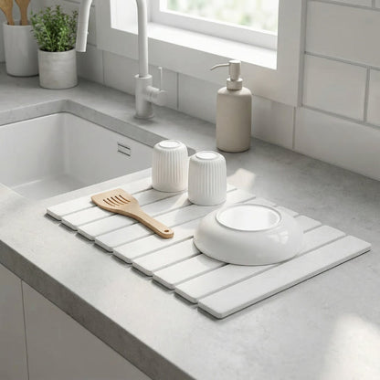 Droogmat van Diatomeeënaarde Opvouwbaar Wit Grijs Keuken Sneldrogend Afdruipmat voor Servies Glas Afdruiprek Waterabsorberend Natuursteen Werkbladmat