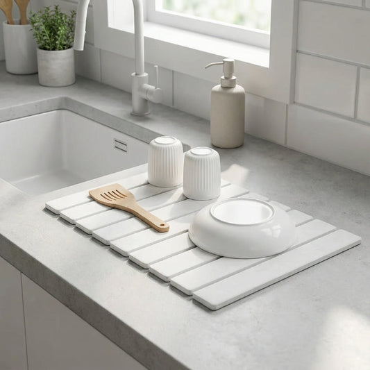Droogmat van Diatomeeënaarde Opvouwbaar Wit Grijs Keuken Sneldrogend Afdruipmat voor Servies Glas Afdruiprek Waterabsorberend Natuursteen Werkbladmat