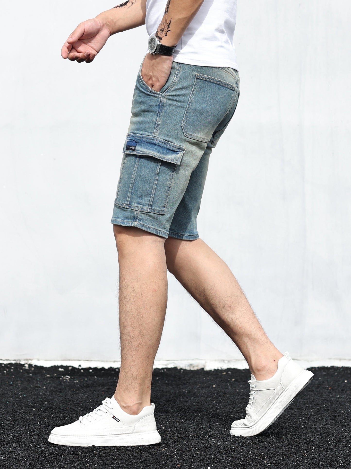 Heren Cargo Shorts Giel Blauw Denim Zomerbroek